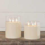 Set of two glass 3 wick candles with 3D flame effect. Perfect for creating a warm and inviting atmosphere in any space.