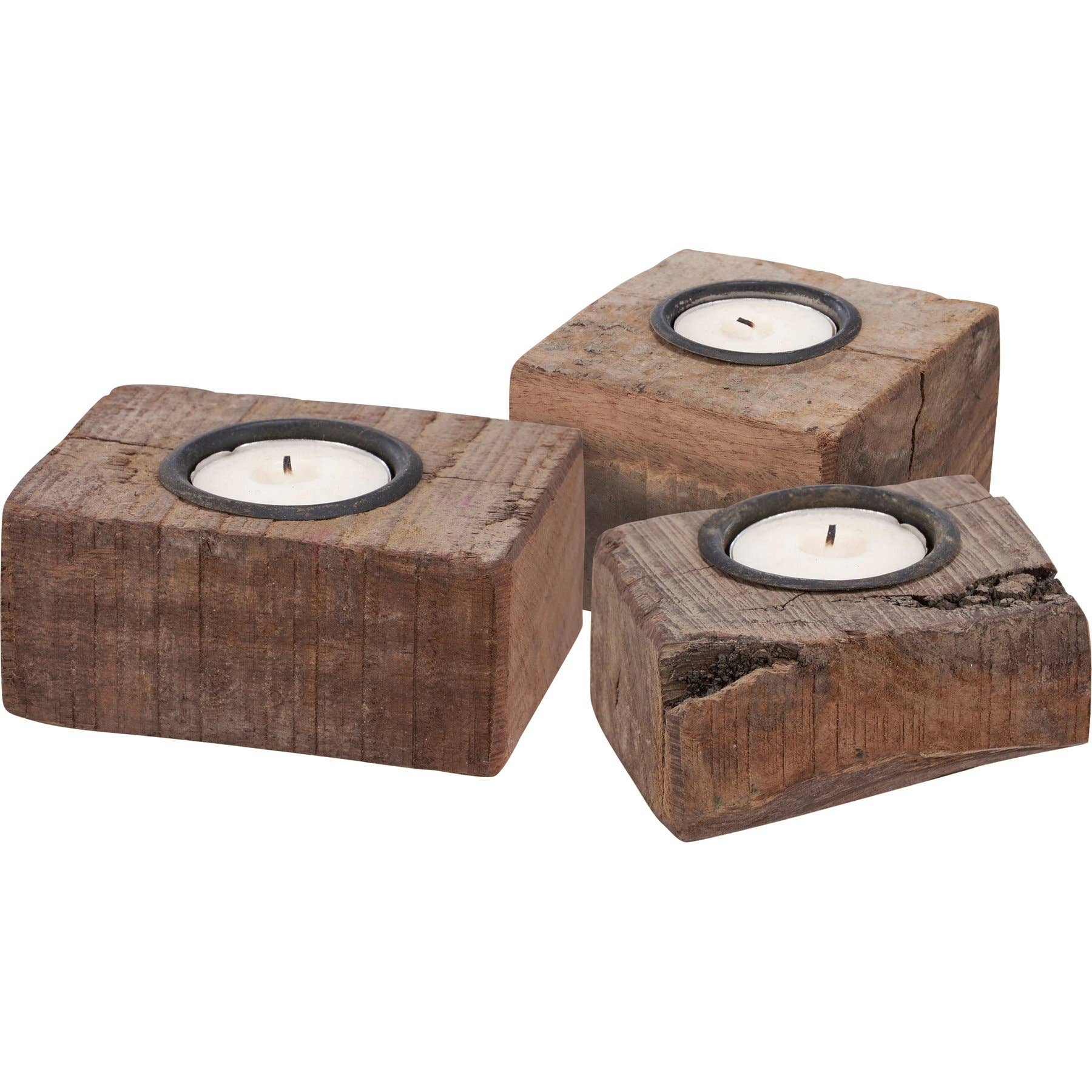 Set of three antique wood block candle holders with recycled metal accents. Rustic home decor ideal for tealight candles, each piece uniquely handcrafted.