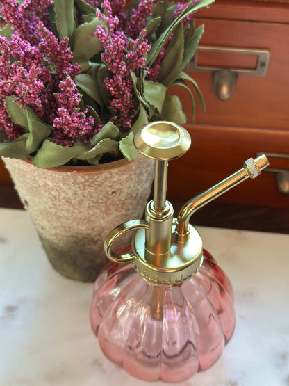 Chic pink glass plant mister with brass nozzle, perfect for precise watering. Stylish home decor accessory for plant care and hydration.