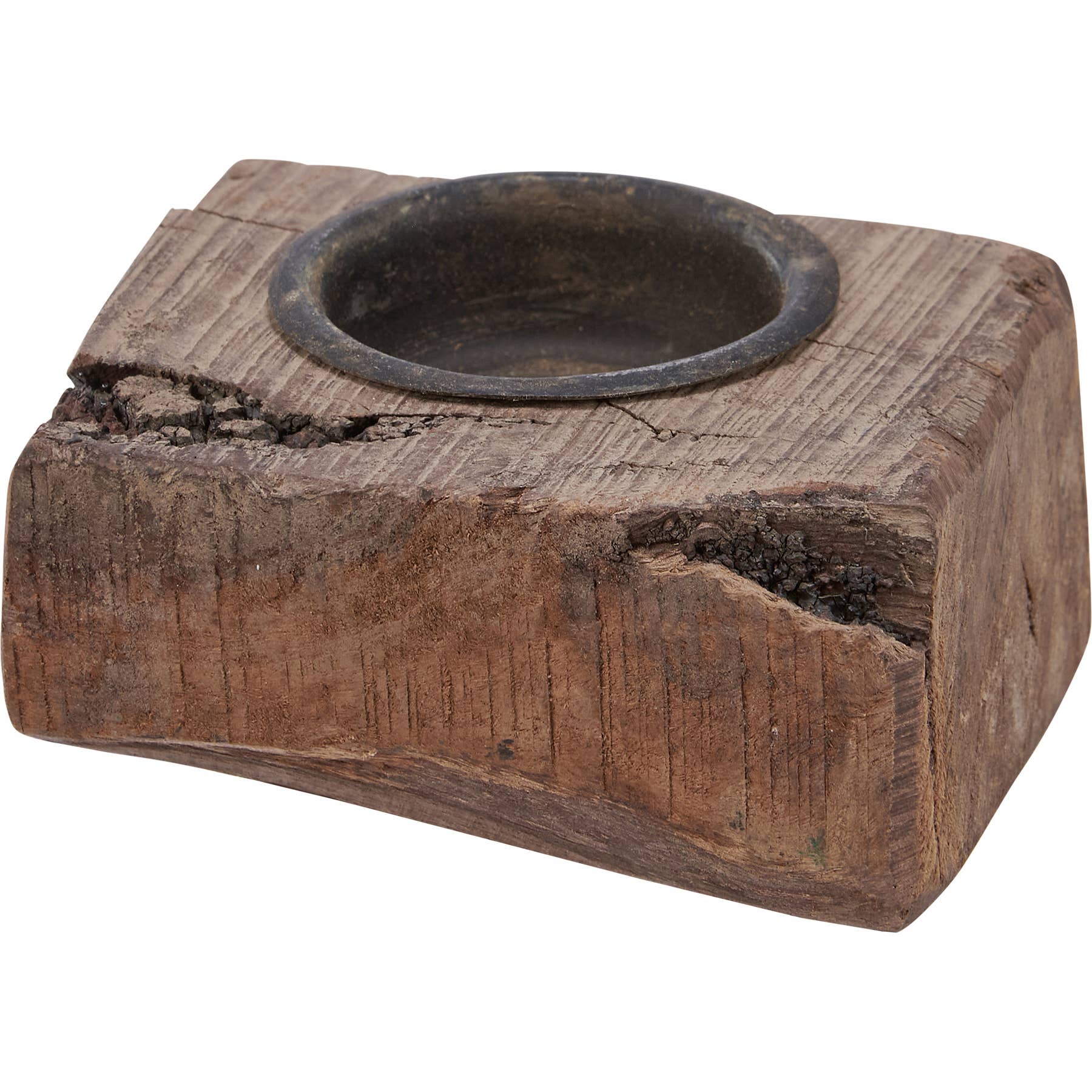 Distressed antique wood block candle holder with a recycled metal insert. Rustic home accent, handcrafted from reclaimed wood, ideal for tealight candles.