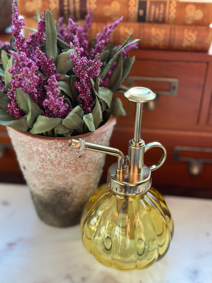 Elegant Glass Mister Yellow with brass nozzle, ideal for misting houseplants. Stylish and functional gardening tool for plant care.