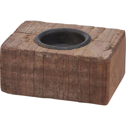 Rustic rectangular wood block candle holder with a recycled metal insert. Handcrafted from reclaimed wood, perfect for tealight candles and cozy decor.
