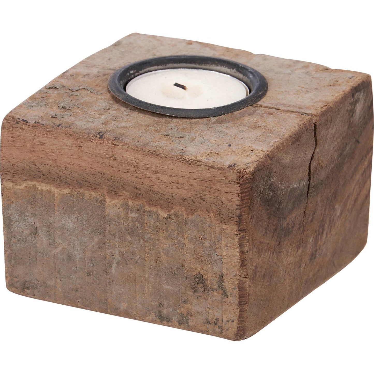 Rustic square wood block candle holder with a tealight. Handcrafted from reclaimed wood with a recycled metal insert, ideal for cozy home decor.