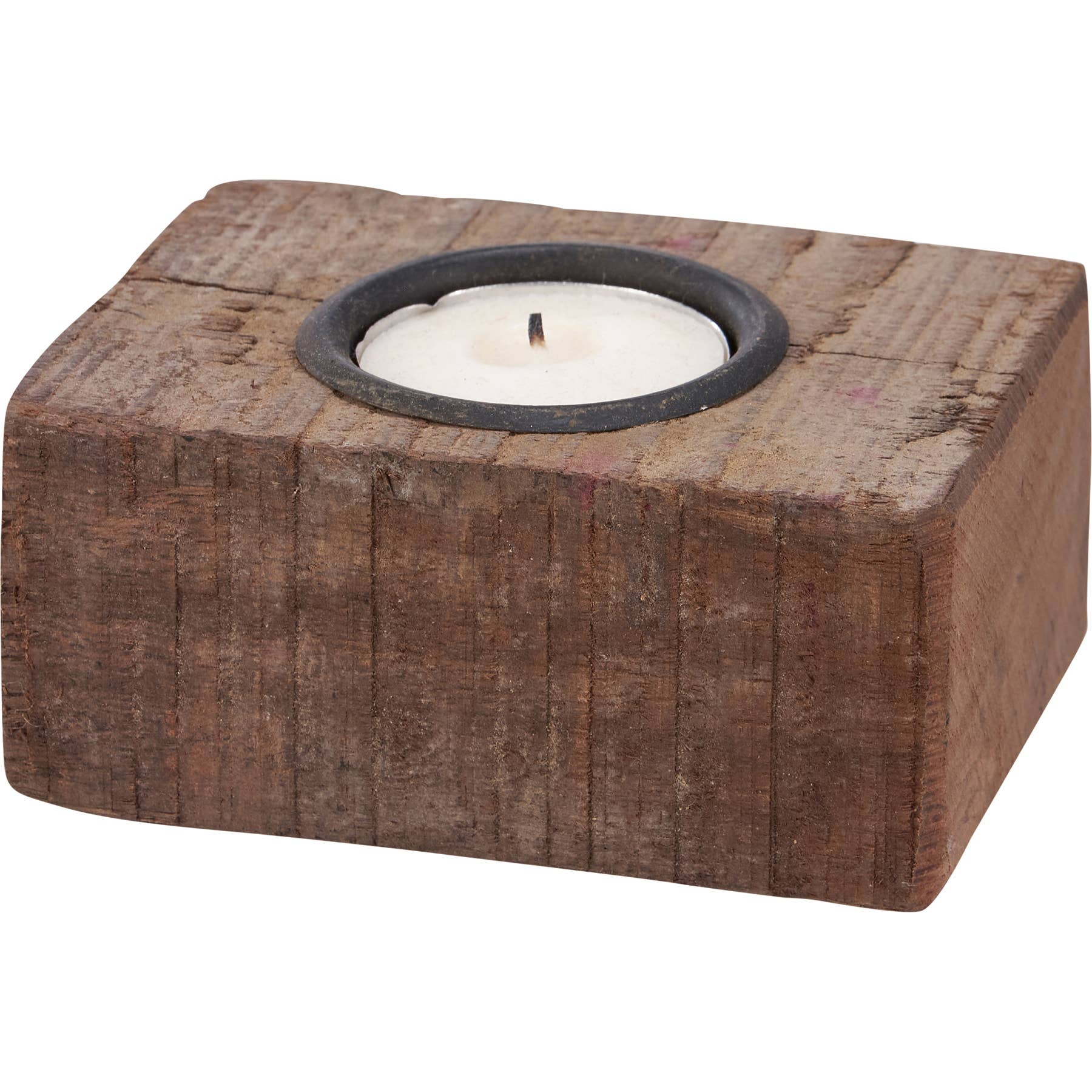 Rectangular antique wood block candle holder with a tealight. Rustic home decor piece with a recycled metal insert, handcrafted for a unique touch.
