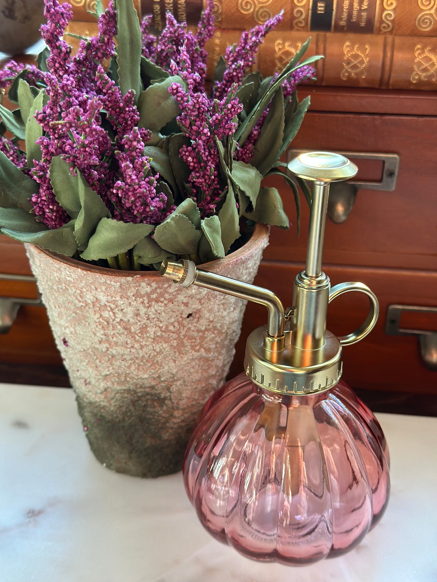 Elegant pink glass mister with brass pump, ideal for gentle plant watering. Aesthetic and functional addition to home and garden decor.