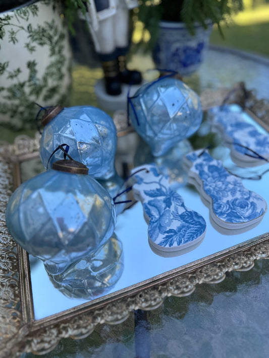 Blue Glass & Handmade Snowmen Christmas Ornaments (6)