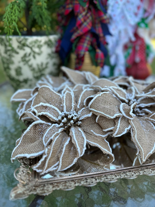 10" Burlap Glitter Poinsettia w/Clip
