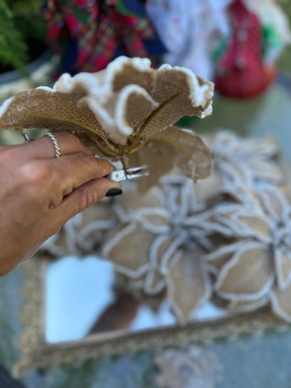 10" Burlap Glitter Poinsettia w/Clip