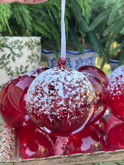 4" Red Snowed Glass Ornaments