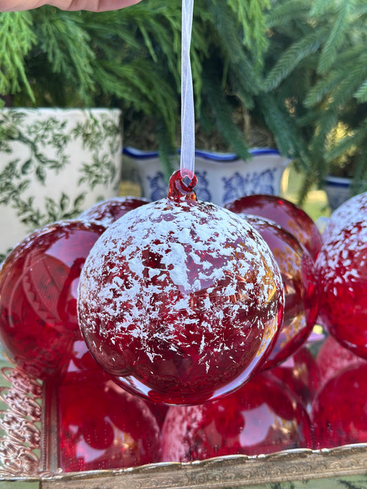 4" Red Snowed Glass Ornaments