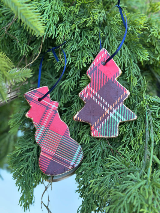 Plaid Collection-Ceramic Snowman & Christmas Tree Ornaments