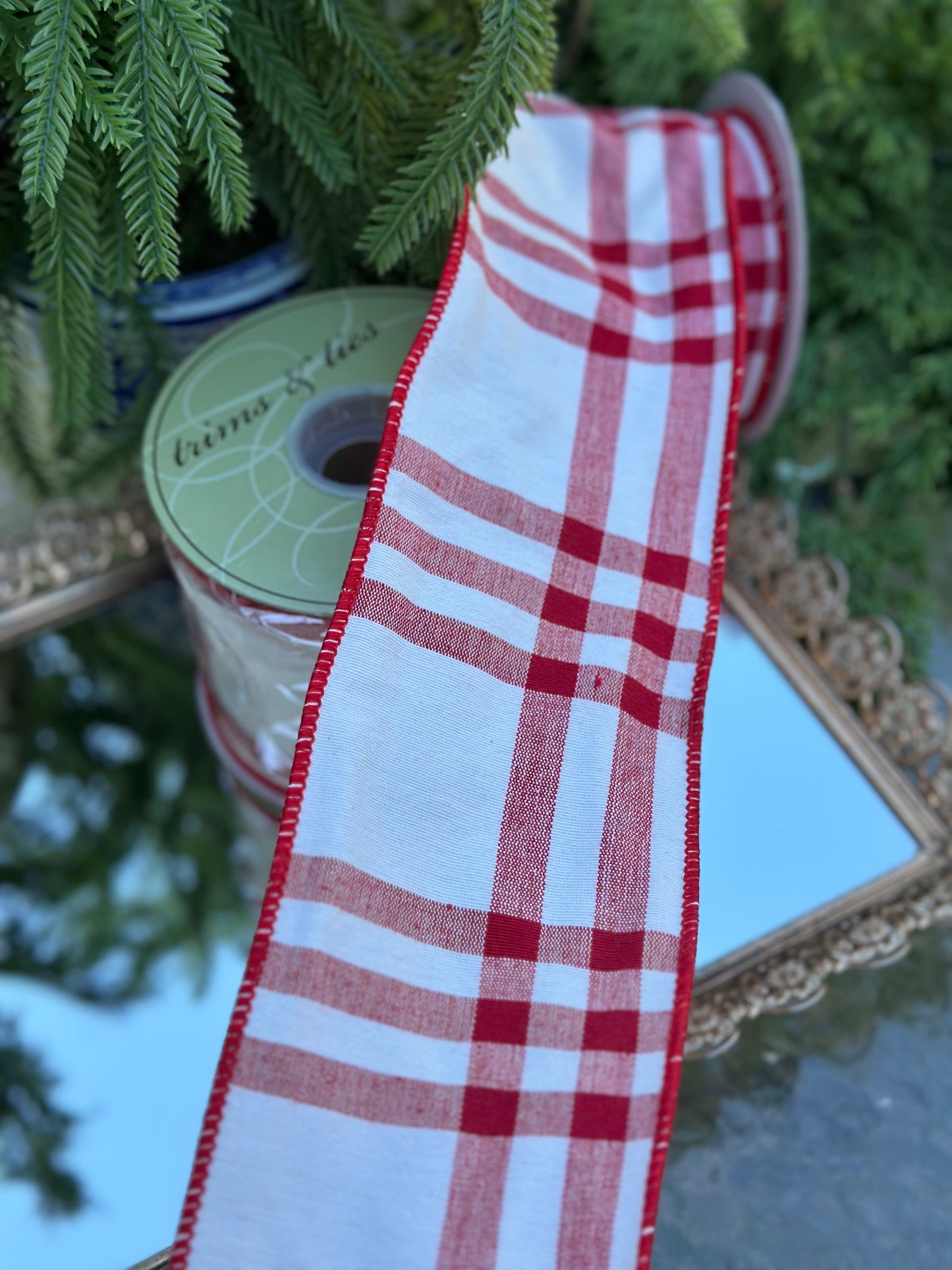 4" Red Plaid Wired Ribbon 10 Yards