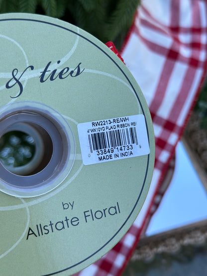 4" Red Plaid Wired Ribbon 10 Yards