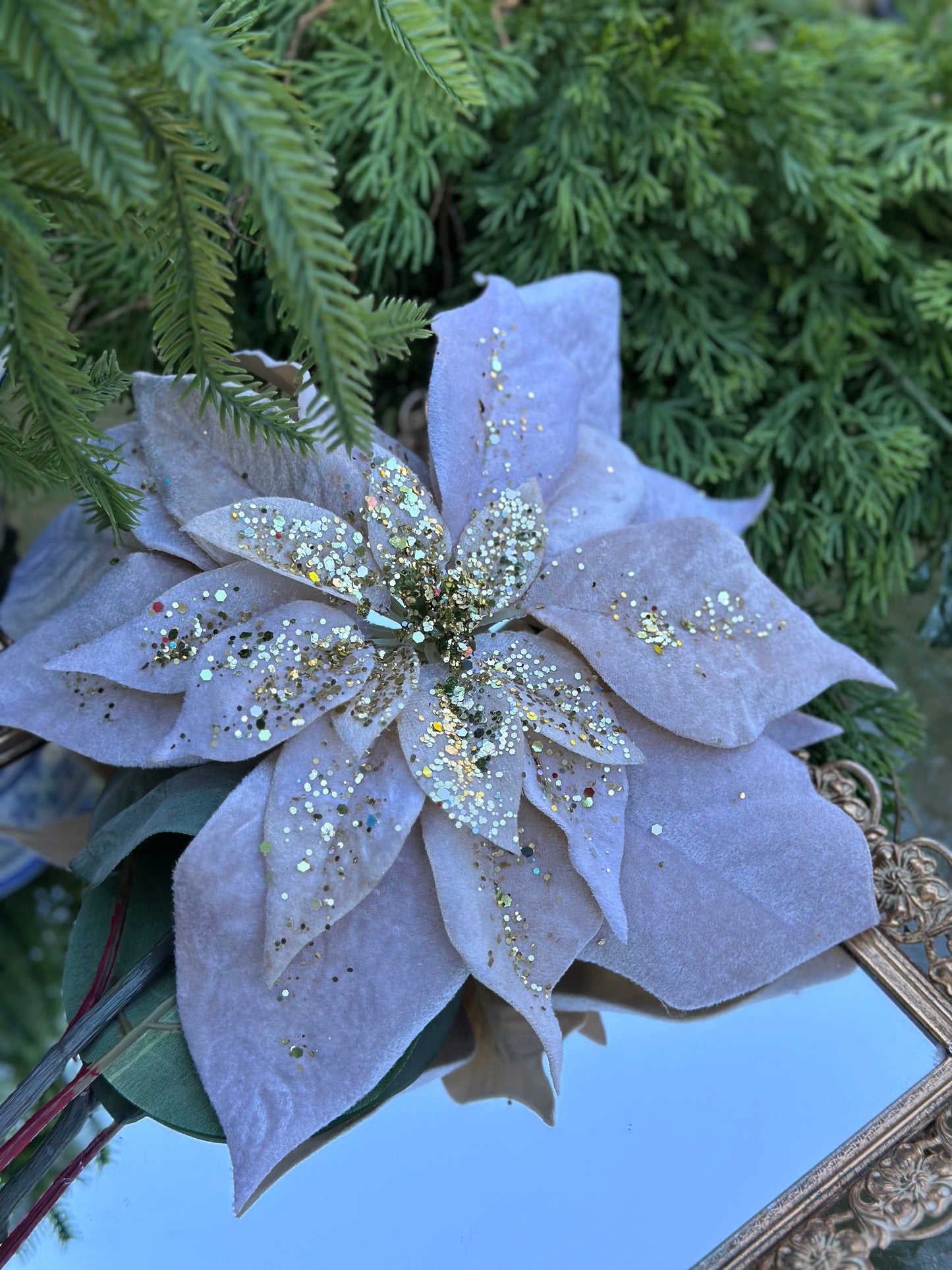 18" Gold Glitter Velvet Poinsettia Spray