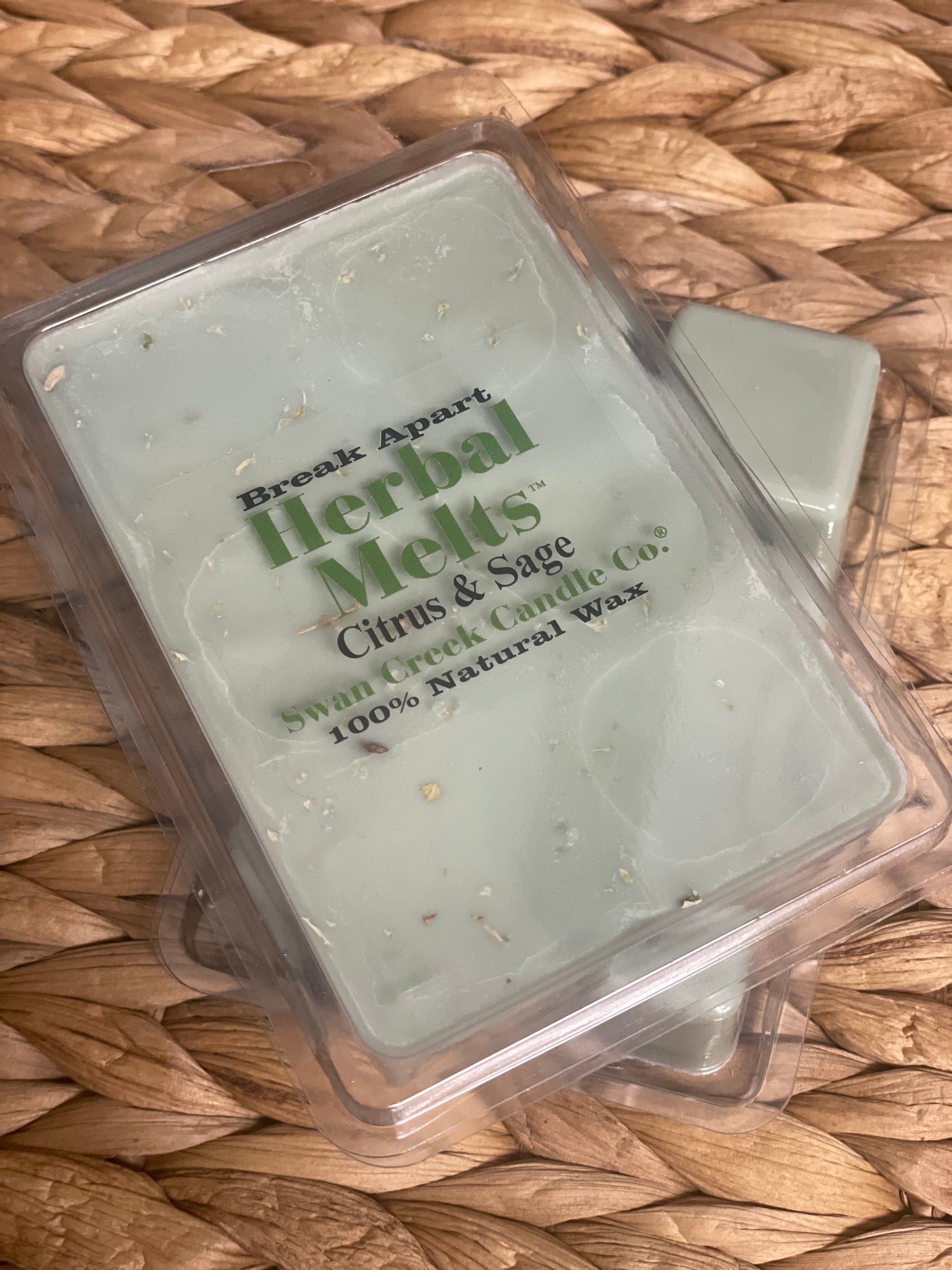 Swan Creek Herbal Melts Citrus & Sage scented wax cubes. Green break-apart candle melts infused with natural herbs for a fresh aroma.