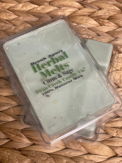 Swan Creek Herbal Melts Citrus & Sage scented wax cubes. Green break-apart candle melts infused with natural herbs for a fresh aroma.