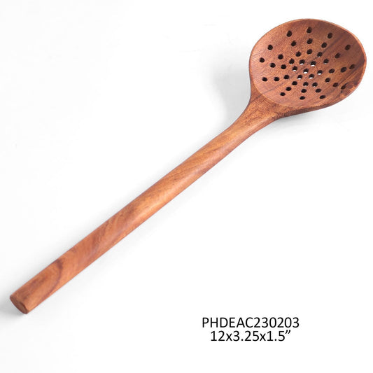 Handcrafted wooden straining spoon with perforated design, measuring 12x3.25x1.5 inches. Durable and stylish kitchen tool for straining and serving.