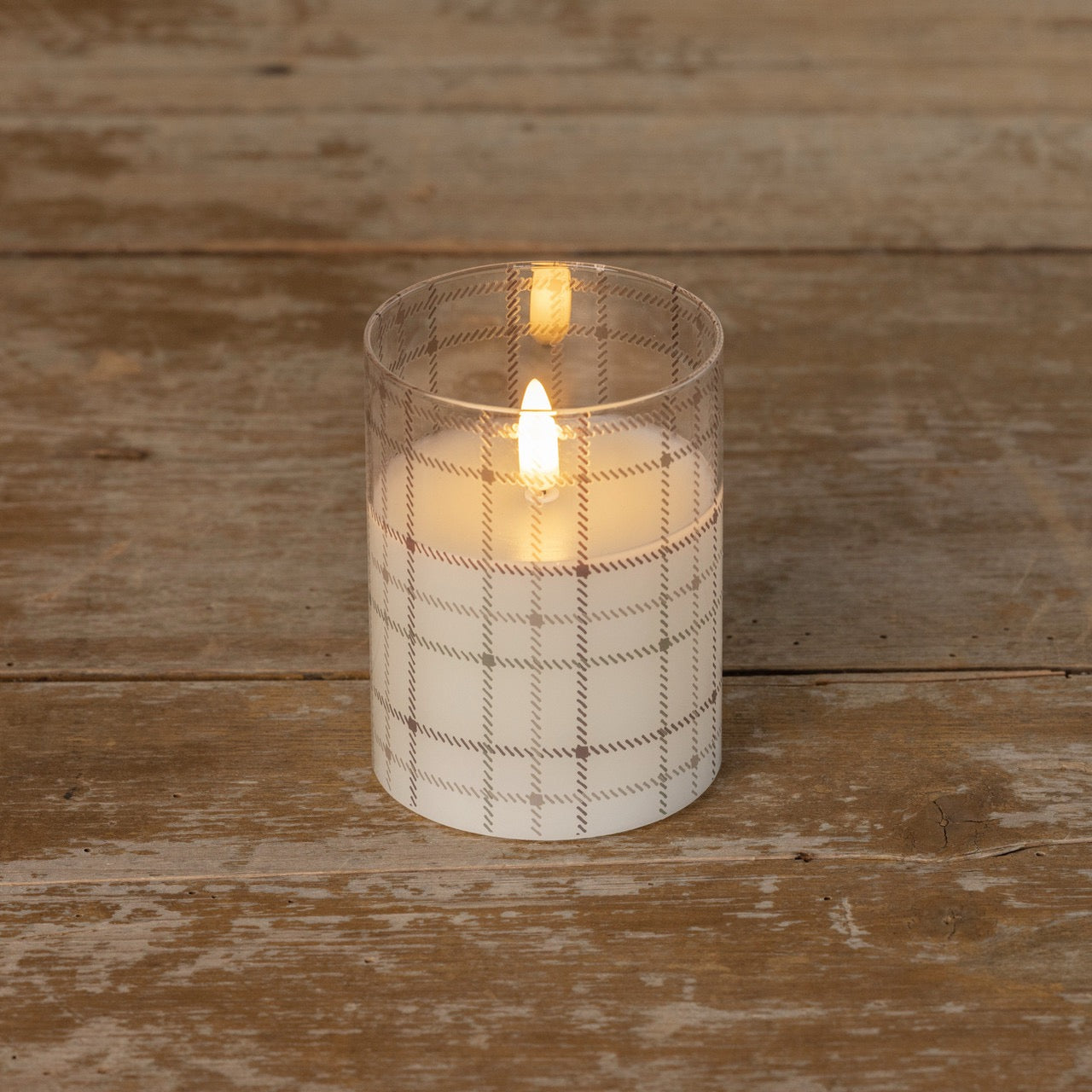 Andri Plaid Glass 3D Flame Candle - 4-inch cozy home decor with a realistic flameless glow. Elegant plaid glass design enhances any space.
