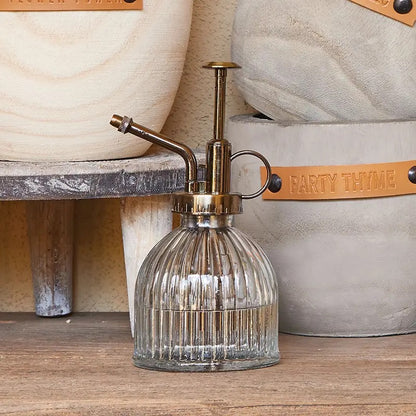Elegant Glass Mister - Clear with vintage brass pump, displayed in a rustic setting. Ideal for gentle plant watering and home decor.