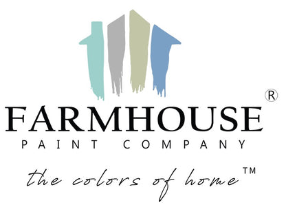 Farmhouse Paint Company logo featuring a stylized house design. Tagline reads 'the colors of home' for premium paint products.