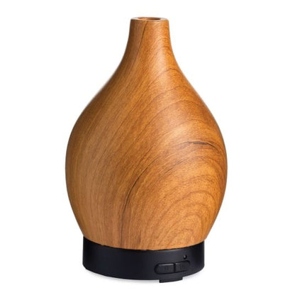Woodgrain Vase Ultra Sonic Diffuser with a sleek, natural wood finish and black base. Ideal for home fragrance and aromatherapy.