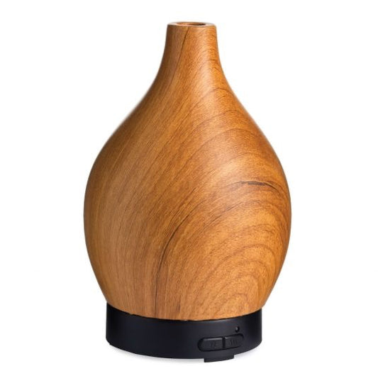 Woodgrain Vase Ultra Sonic Diffuser with a sleek, natural wood finish and black base. Ideal for home fragrance and aromatherapy.