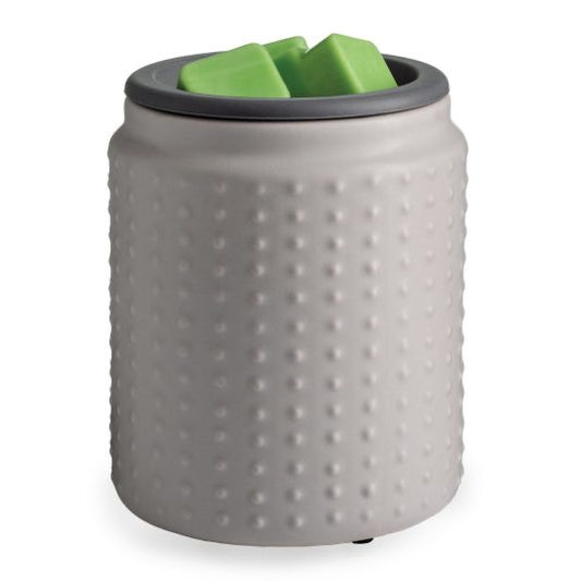 Gray Hobnail Flip Dish Wax Warmer with a textured hobnail design, holding green wax melts. Stylish home fragrance accessory for effortless scent diffusion.