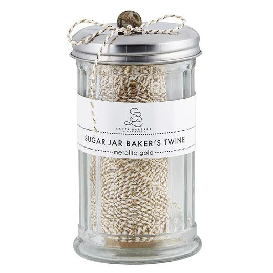 Sugar Jar Bakers Twine - Metallic Gold in a glass jar with a metal lid. Premium crafting fiber ideal for arts, crafts, and baking decoration.