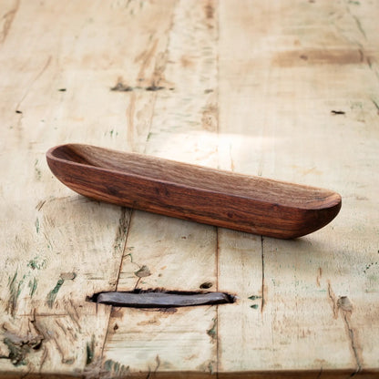 Wooden olive tray with a stained brown finish, perfect for serving olives, pickles, and relishes. Complements charcuterie boards beautifully.