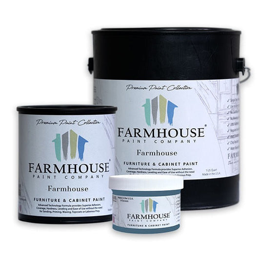 Farmhouse Paint - 8oz container alongside larger paint cans. Premium furniture and cabinet paint with advanced technology for durability.