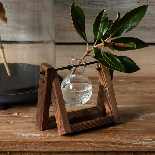 ROOTING VASE ON WOOD STAND featuring a glass bulb vase suspended on a rustic wooden frame, ideal for propagating plants in home and garden decor.