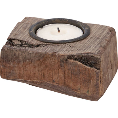 Antique wood block candle holder with a distressed finish and a tealight. Rustic home decor piece with a recycled metal insert, uniquely handcrafted.