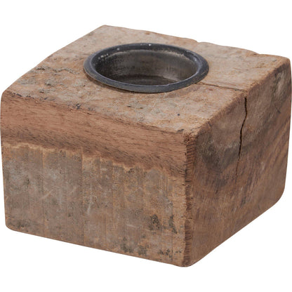 Antique wood block candle holder with a recycled metal insert. Rustic home accent, handcrafted from reclaimed wood, perfect for tealight candles.