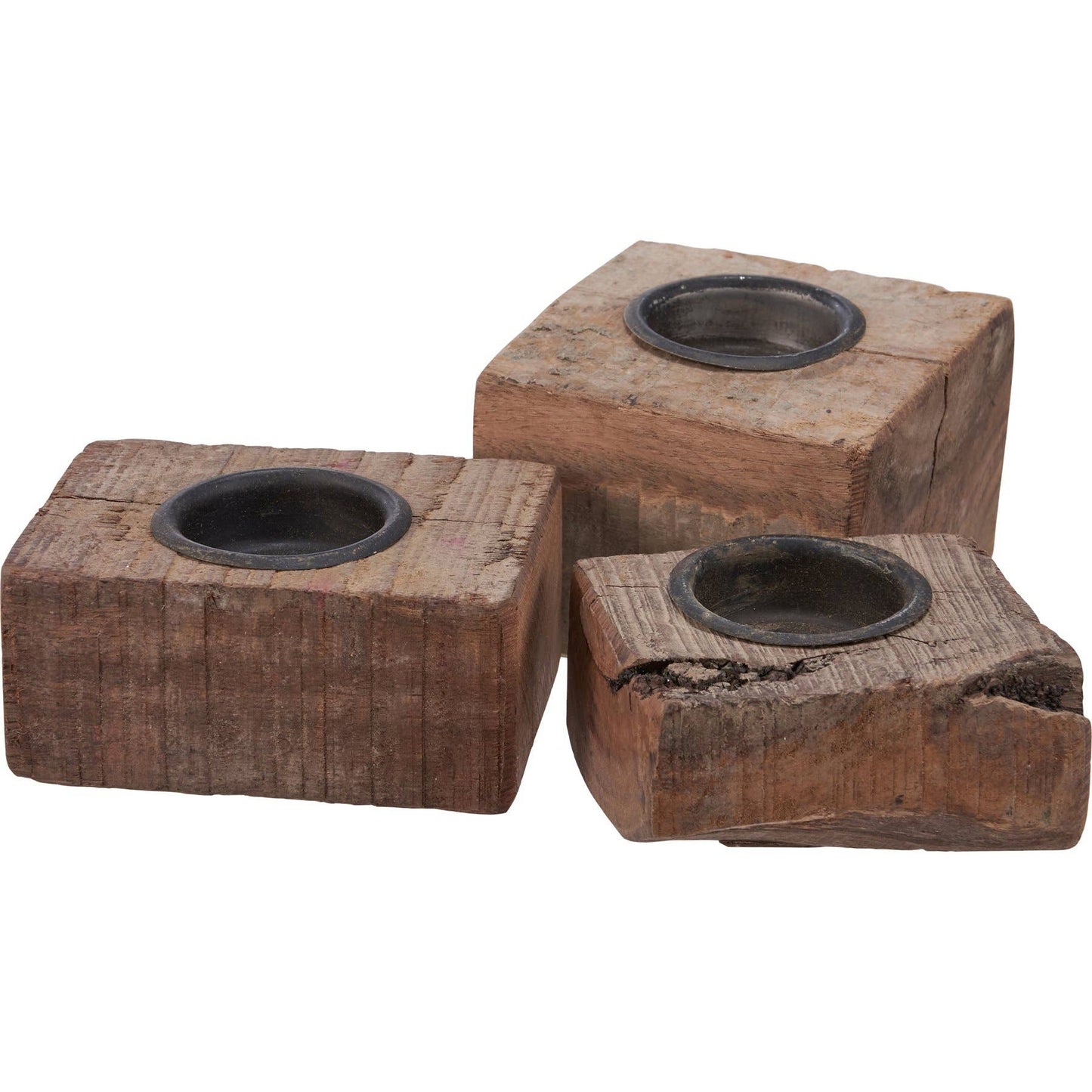 Set of three rustic wood block candle holders with recycled metal inserts. Handcrafted from reclaimed wood, perfect for tealight candles and home decor.